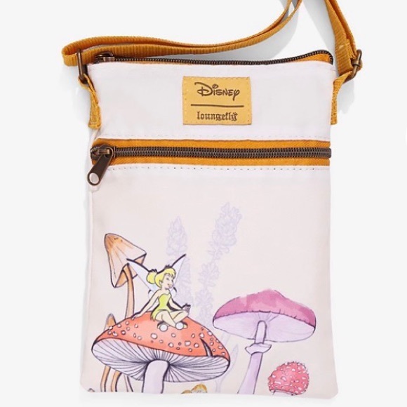 LOUNGEFLY DISNEY PETER PAN TINKERBELL Mushrooms Passport CROSSBODY BAG! - Picture 1 of 4